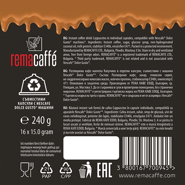 Capsule REMACAFFÉ Cappuccino 3 în 1, 16 buc., compatibile cu aparatele de cafea Dolce Gusto