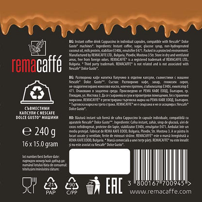 Capsule REMACAFFÉ Cappuccino 3 în 1, 16 buc., compatibile cu aparatele de cafea Dolce Gusto