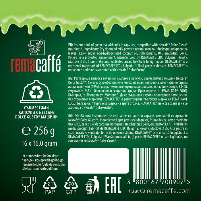 Capsule REMACAFFÉ Matcha Latte, 16 buc., compatibile cu aparatele de cafea Dolce Gusto